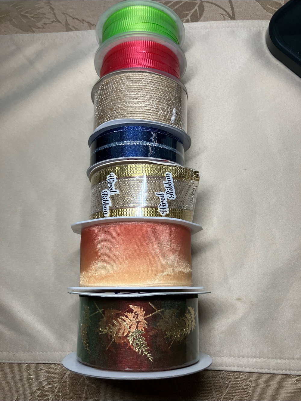 Assortment of 7 Decorative Ribbon Spools - Neon Green, Red, Gold, Navy, Copper